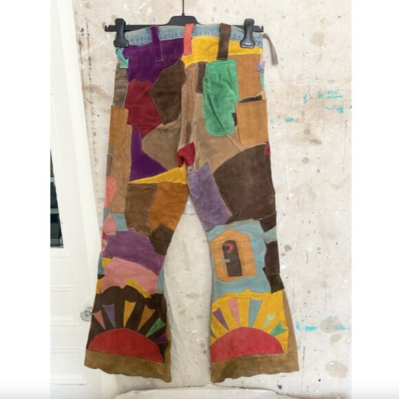 Vintage 70s Suede Patchwork Groovy Jeans Men's 28 - Disco Flare Handmade OOAK - Picture 1 of 15
